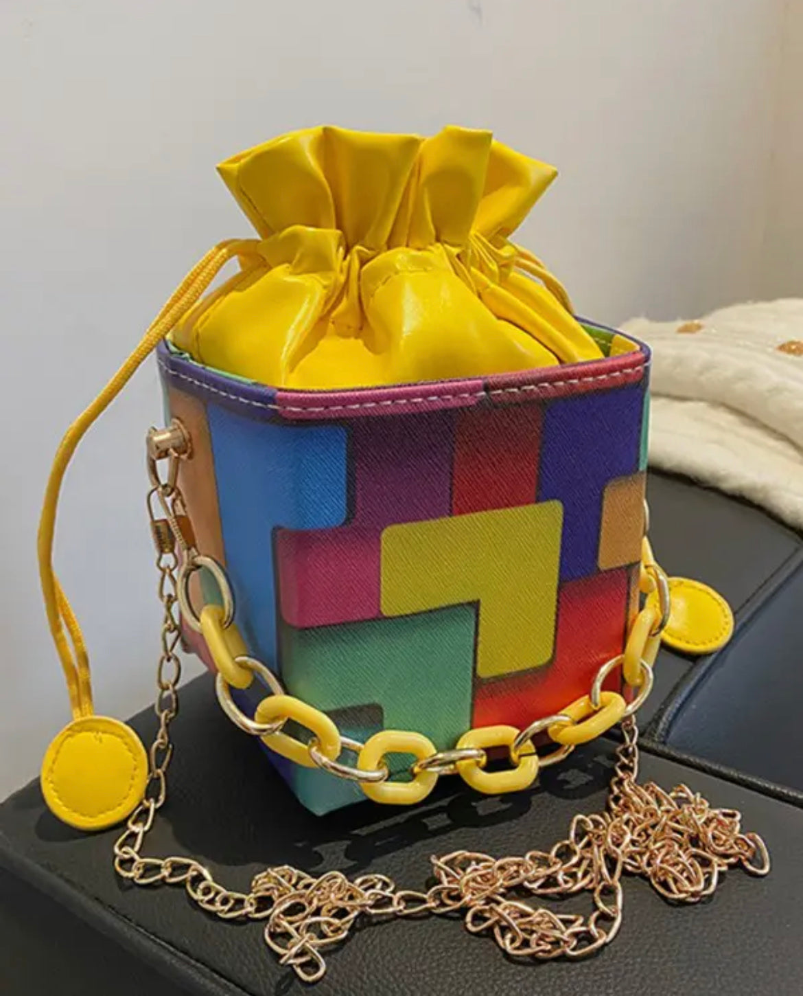 Multicolor Block Chain Strap Drawstring Bucket Bag