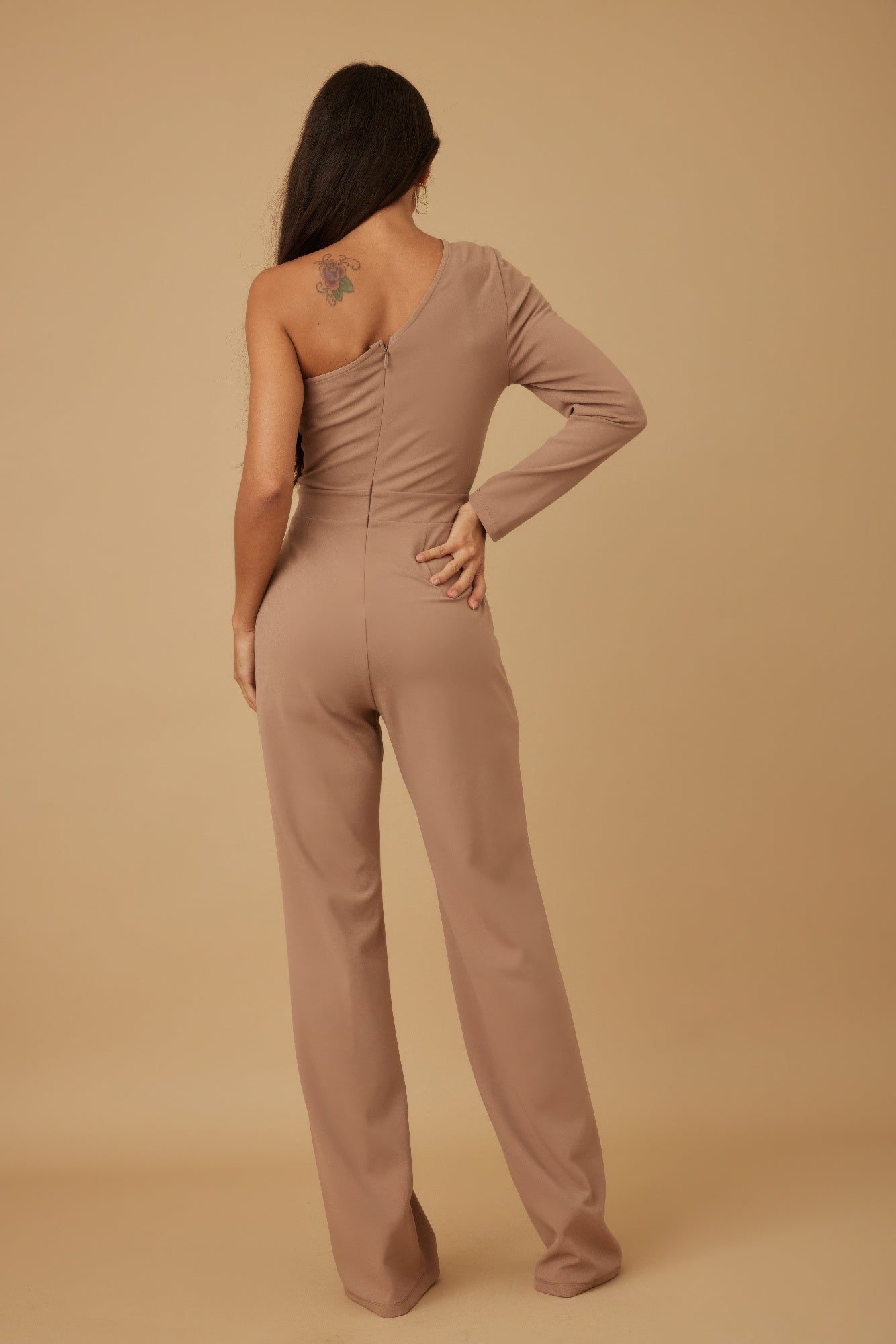 Snowflake Stone On Waist Half Shoulder Jumpsuit