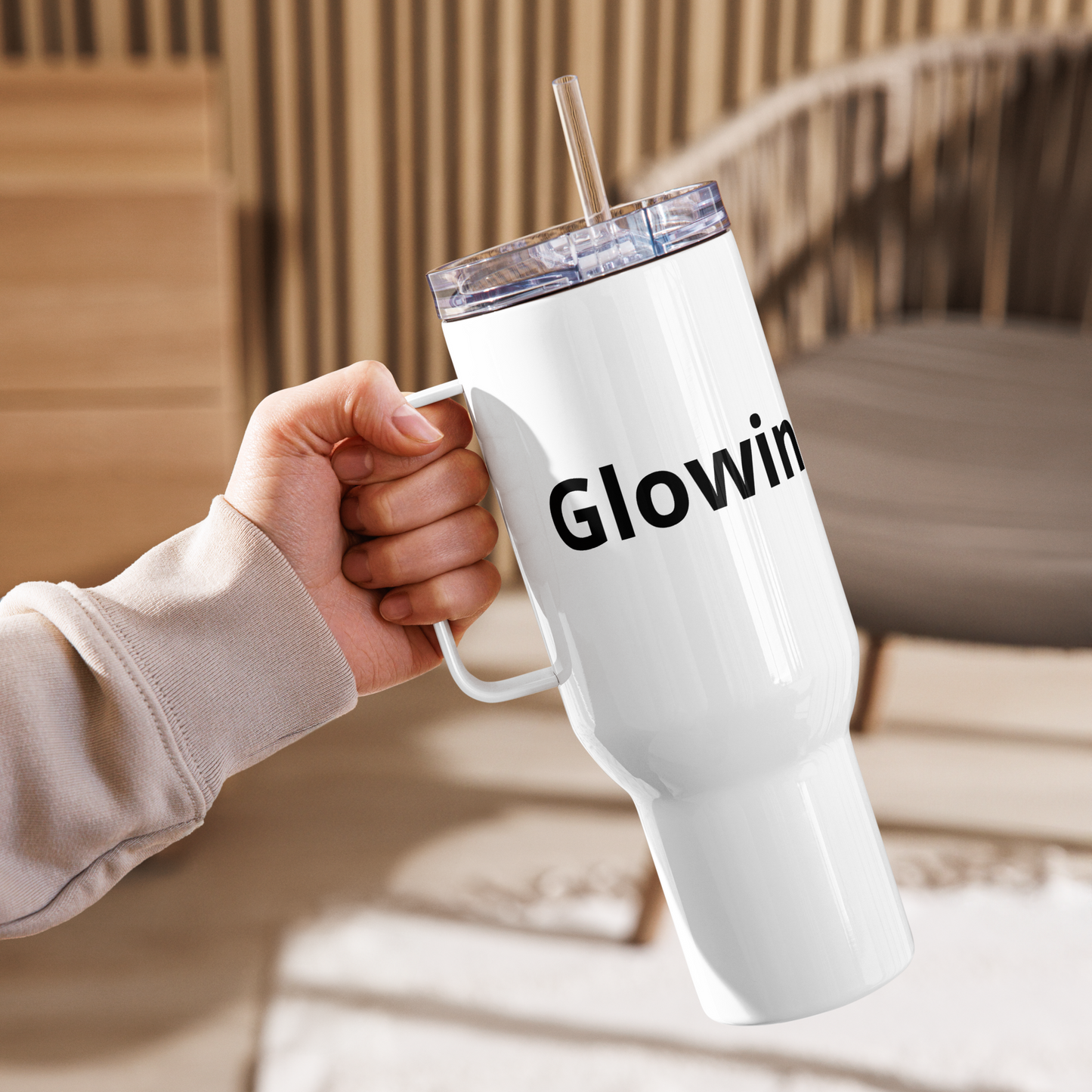 Travel mug with a handle - Glowing In God