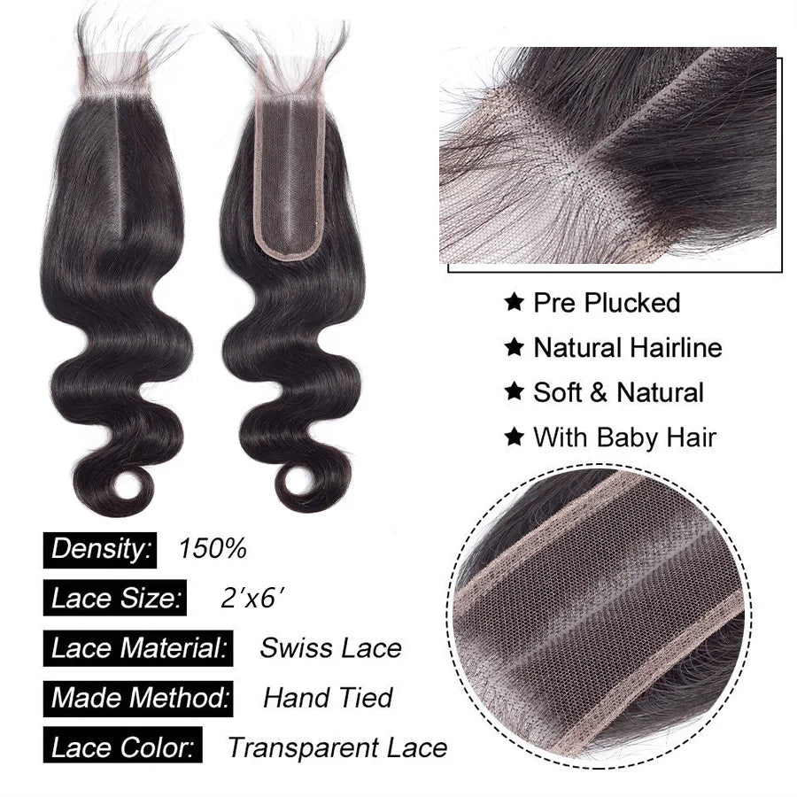 Body Wave 4x4 Lace Closure Human Hair Transparent Lace Frontal 13x6 Middle Part 2x6 Pre Plucked 6 Inch Deep Part
