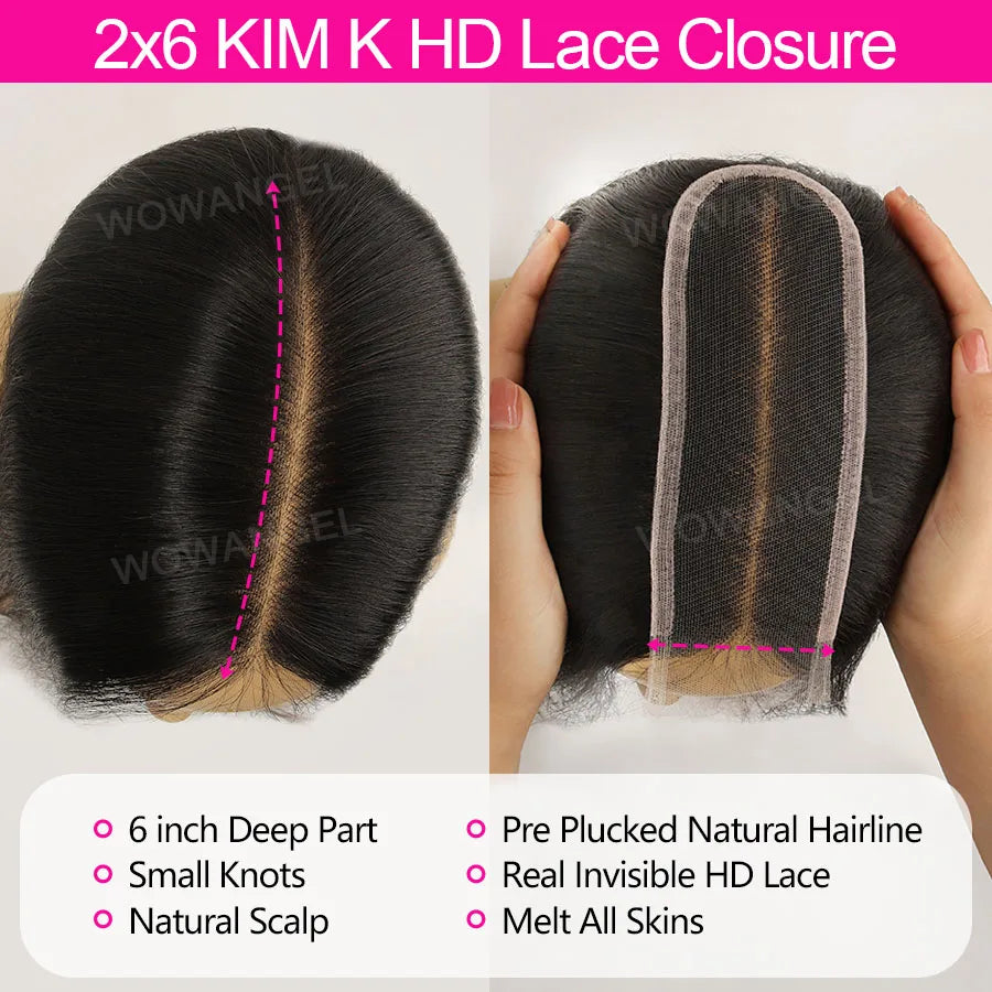 WOWANGEL 2x6 Deep Parting HD Lace Closure Frontal Only Melt Skin Straight Hair Kim K Closure Pre Plucked Virgin Hair For Woman