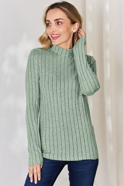 Basic Bae Full Size Ribbed Mock Neck Long Sleeve T - Shirt - Zen Allure Beauty®️