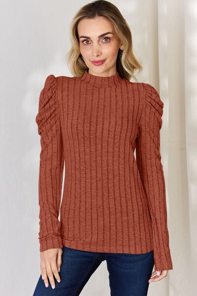 Basic Bae Full Size Ribbed Mock Neck Puff Sleeve T - Shirt - Zen Allure Beauty®️