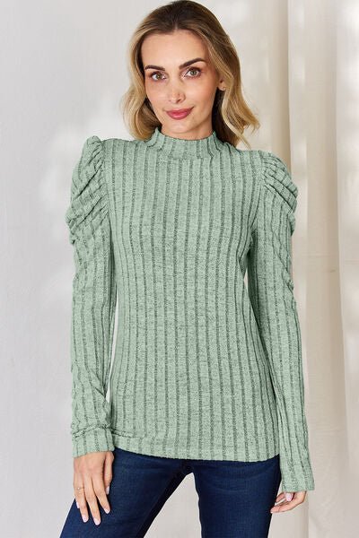 Basic Bae Full Size Ribbed Mock Neck Puff Sleeve T - Shirt - Zen Allure Beauty®️