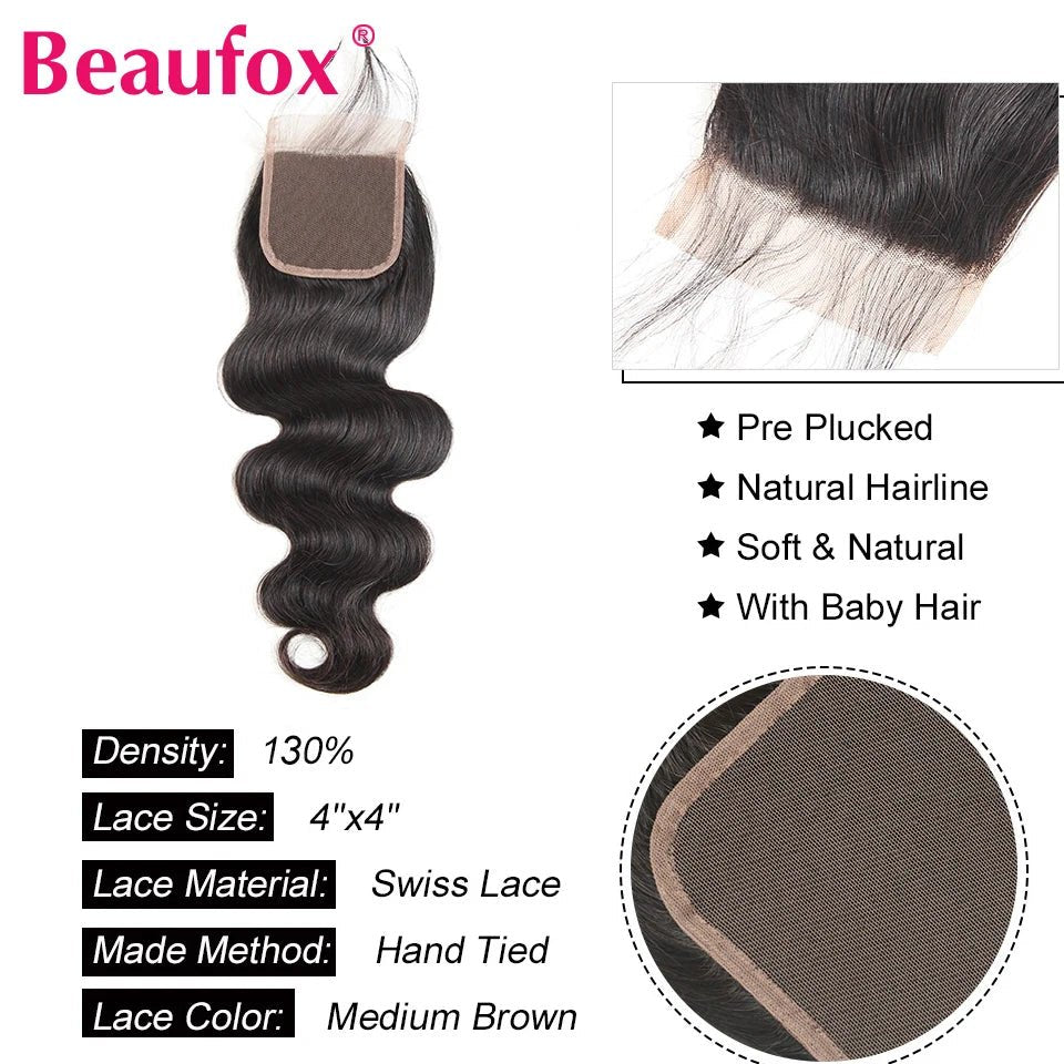 Beaufox Body Wave Bundles With Closure Brazilian Hair Weave 3 & 4 Bundles With Closure Natural Human Hair Bundles With Closure - Zen Allure Beauty®️