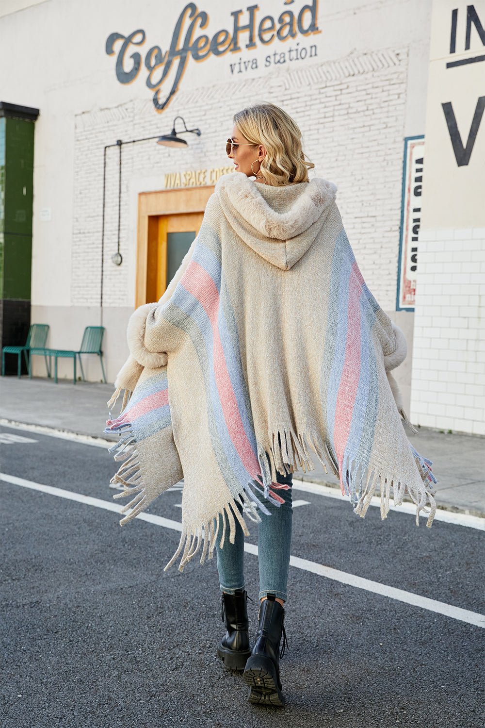 Color Block Fringe Detail Poncho - Zen Allure Beauty®️