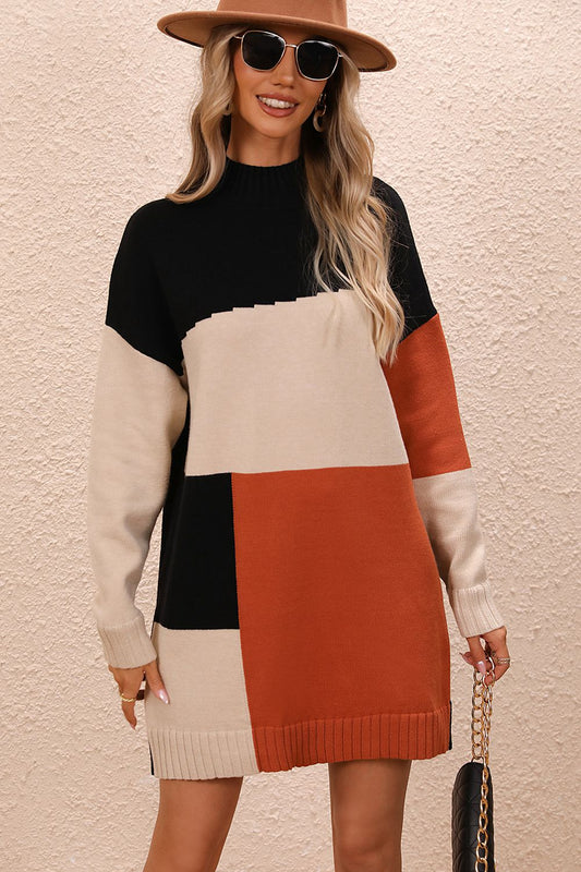 Color Block Mock Neck Dropped Shoulder Sweater Dress - Zen Allure Beauty®️