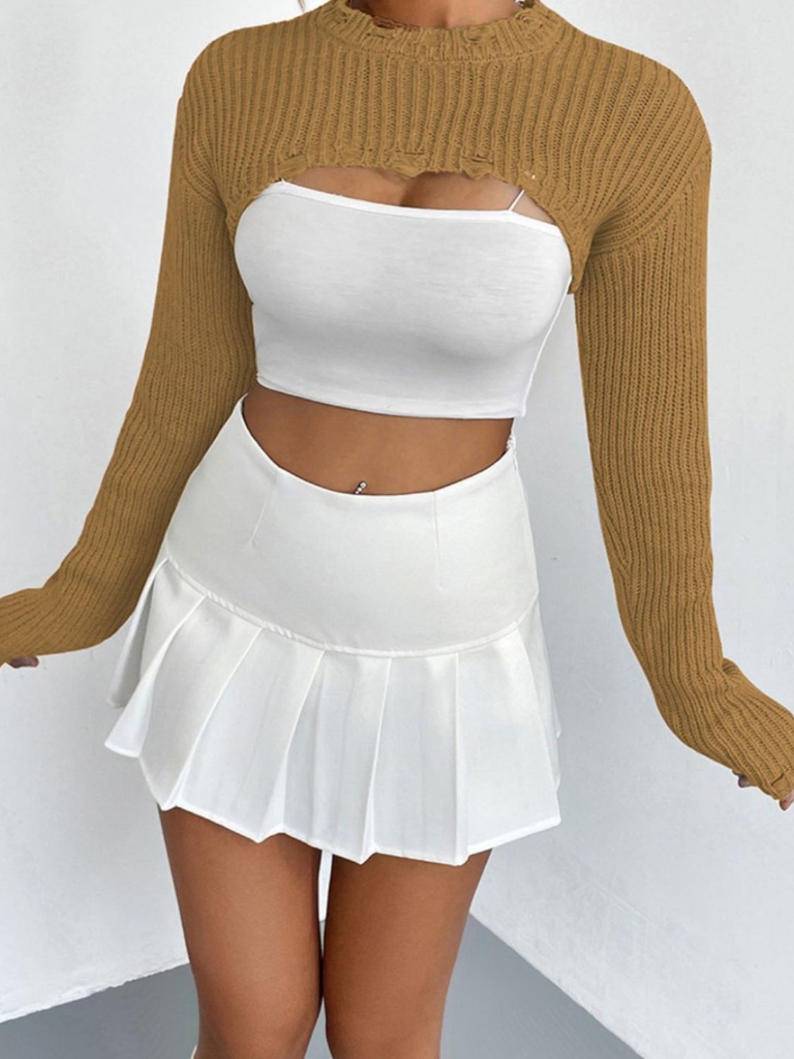 Distressed Long Sleeve Cropped Sweater - Zen Allure Beauty®️