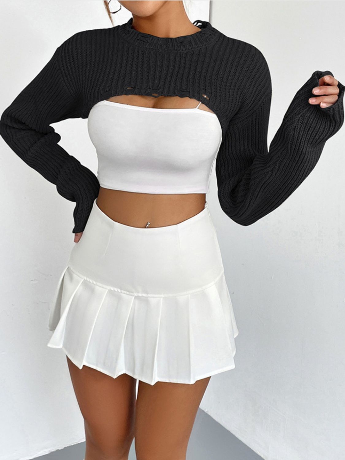 Distressed Long Sleeve Cropped Sweater - Zen Allure Beauty®️