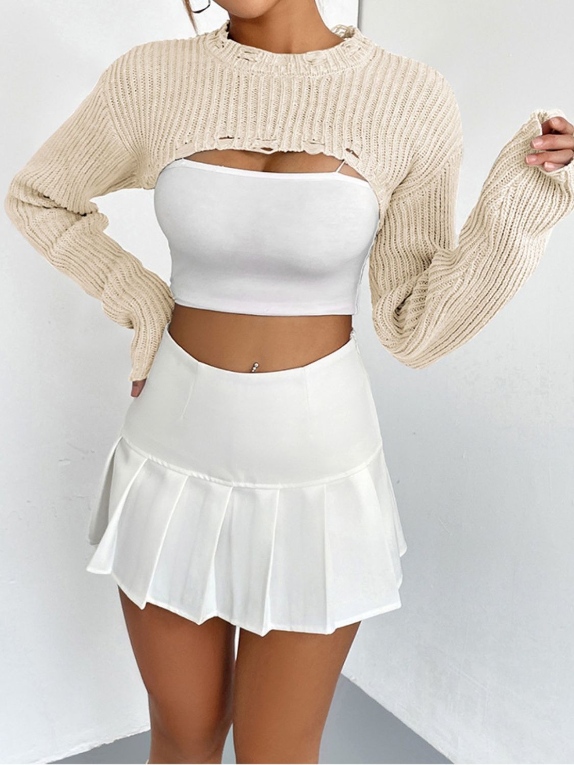 Distressed Long Sleeve Cropped Sweater - Zen Allure Beauty®️