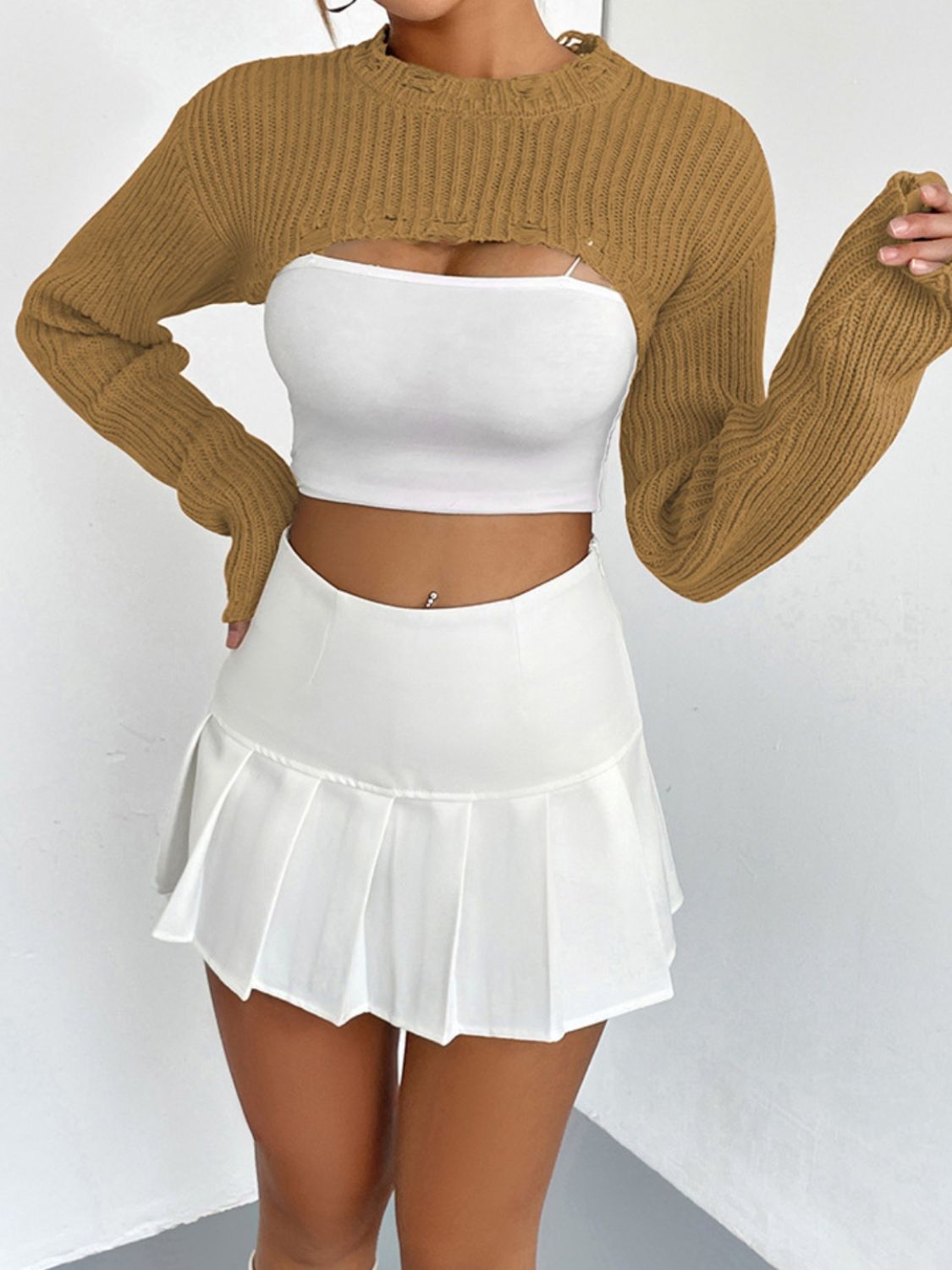 Distressed Long Sleeve Cropped Sweater - Zen Allure Beauty®️