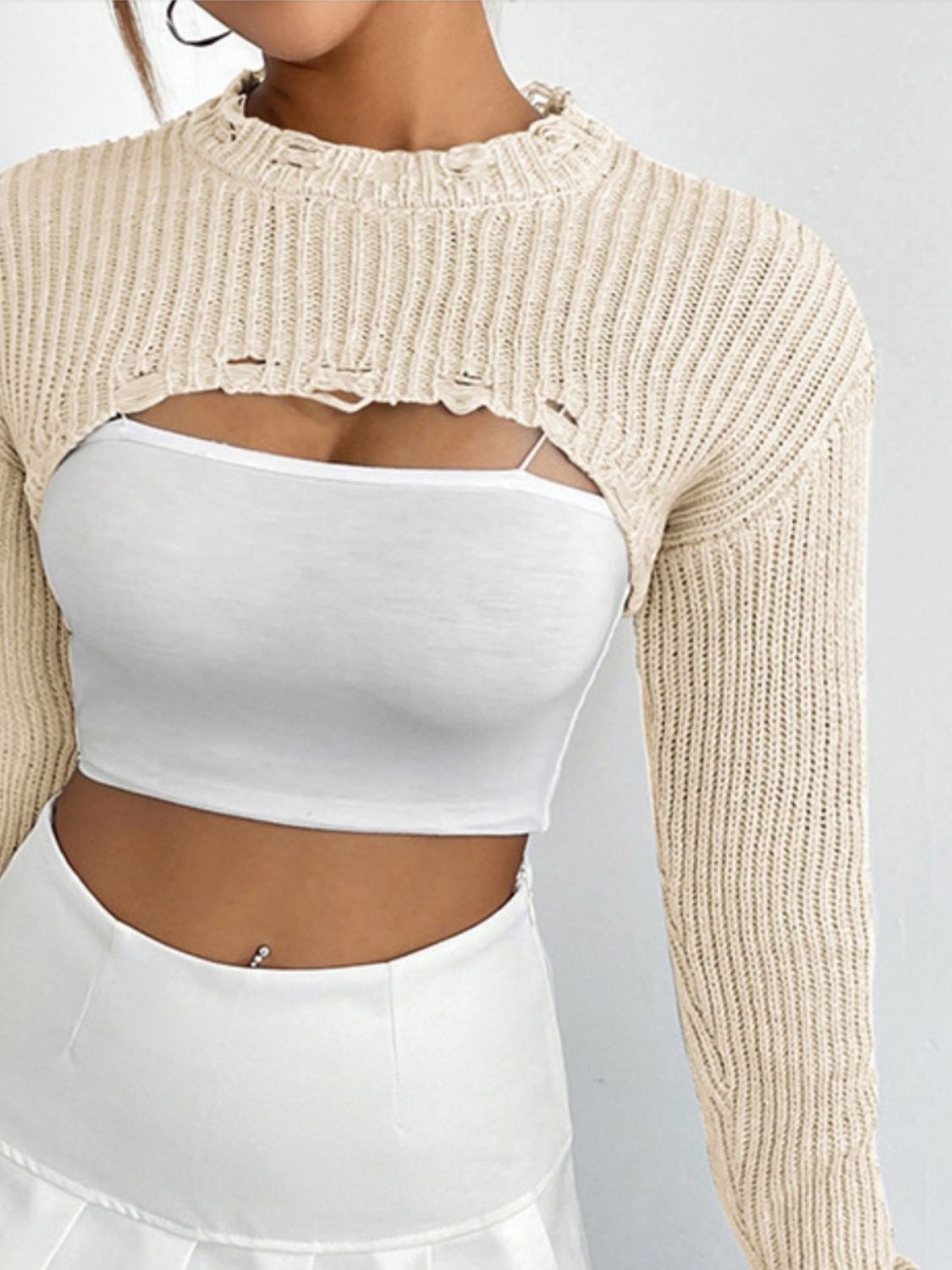 Distressed Long Sleeve Cropped Sweater - Zen Allure Beauty®️