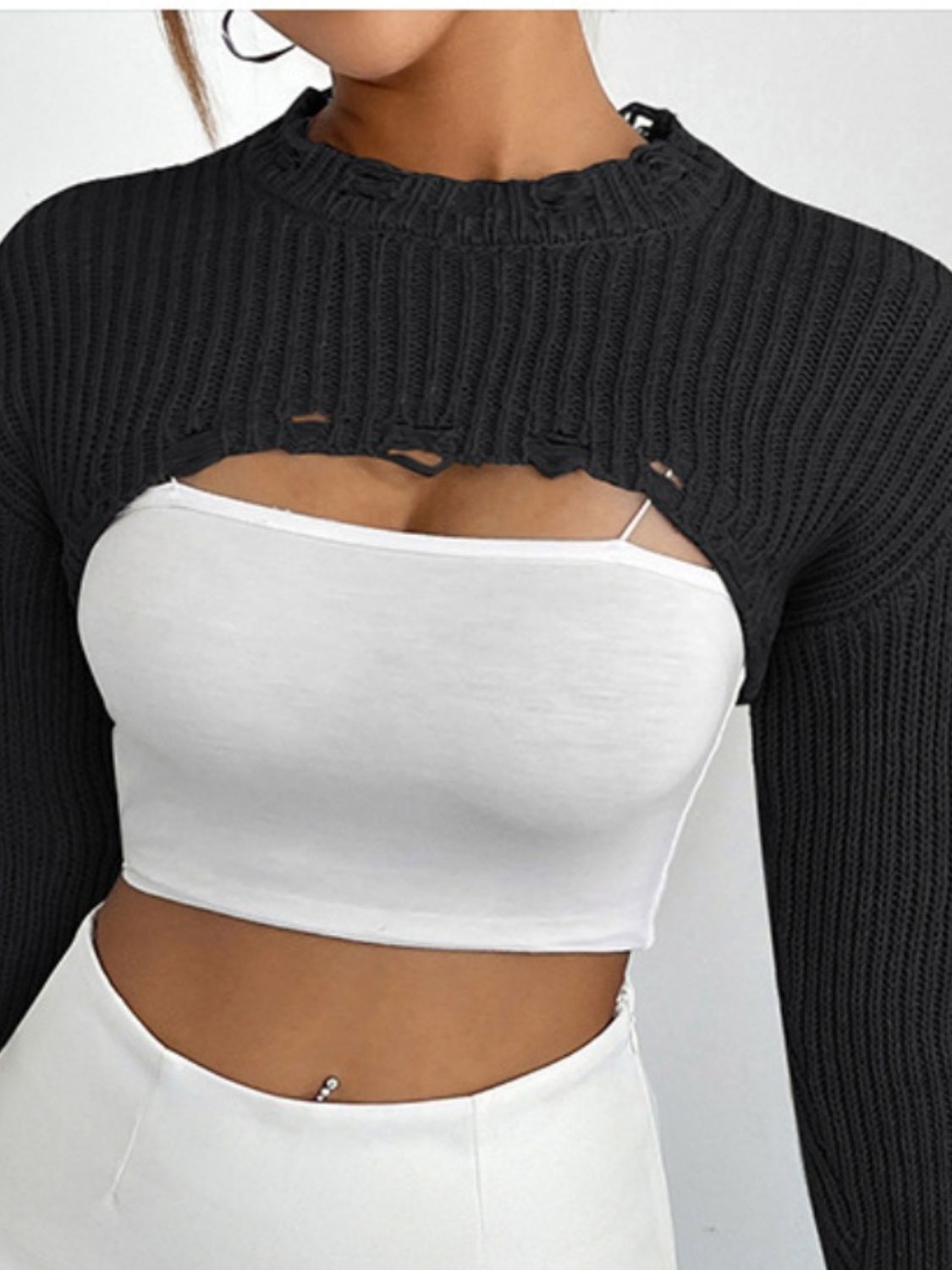 Distressed Long Sleeve Cropped Sweater - Zen Allure Beauty®️