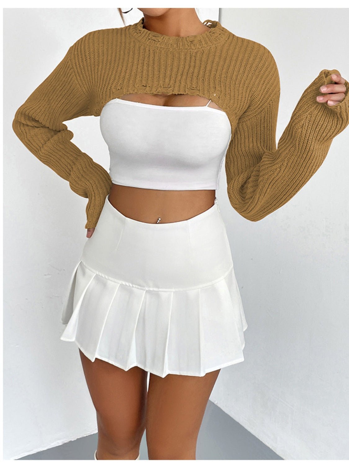 Distressed Long Sleeve Cropped Sweater - Zen Allure Beauty®️