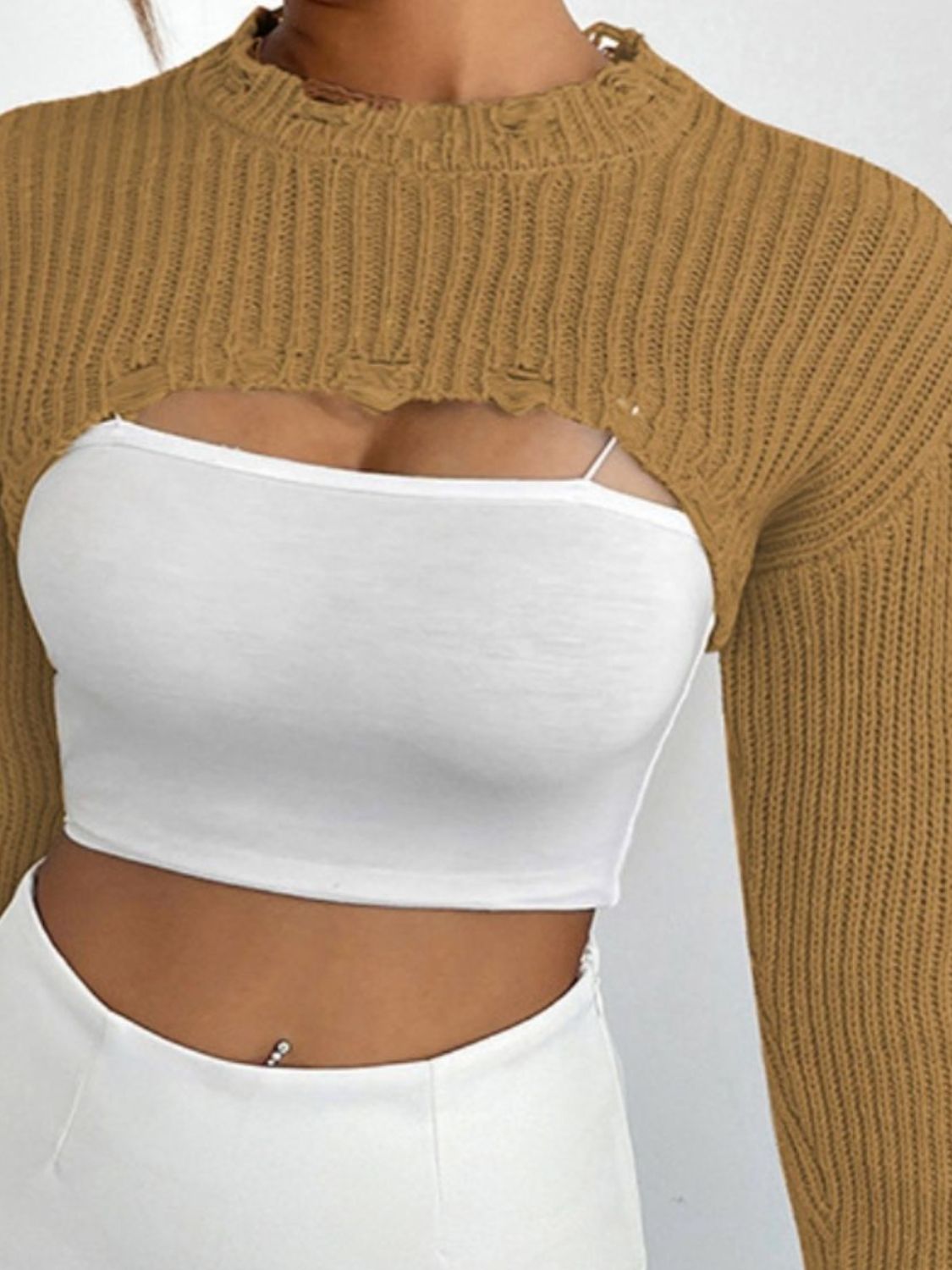 Distressed Long Sleeve Cropped Sweater - Zen Allure Beauty®️