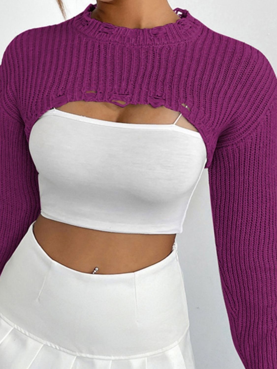 Distressed Long Sleeve Cropped Sweater - Zen Allure Beauty®️