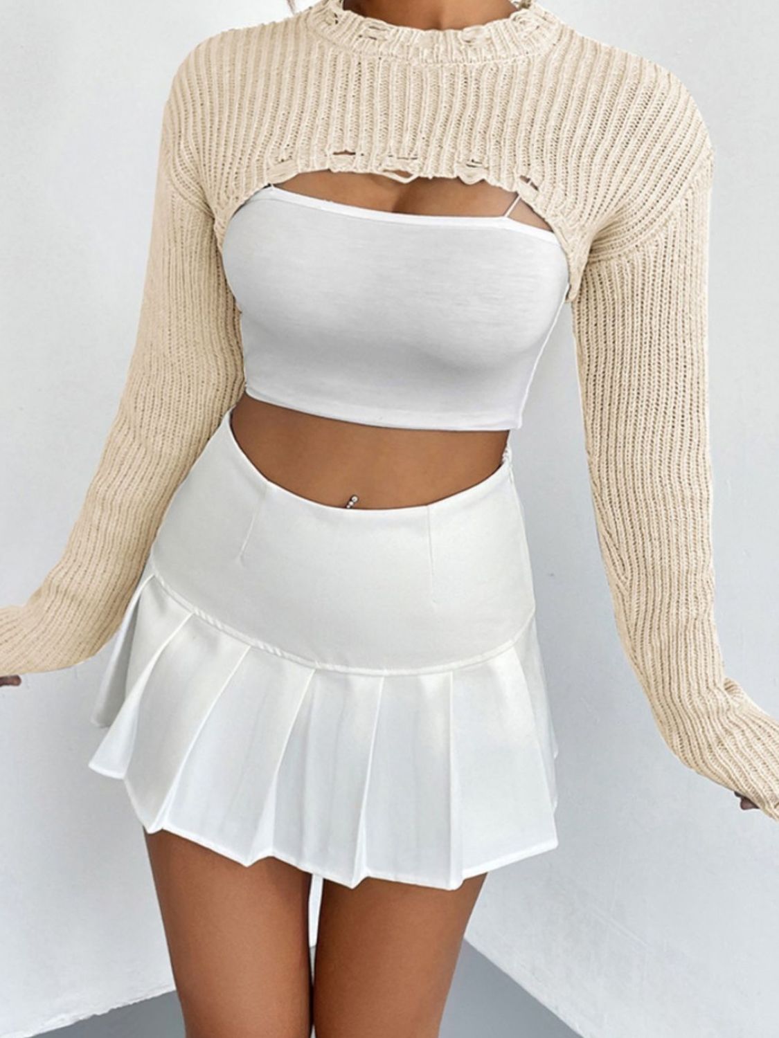 Distressed Long Sleeve Cropped Sweater - Zen Allure Beauty®️