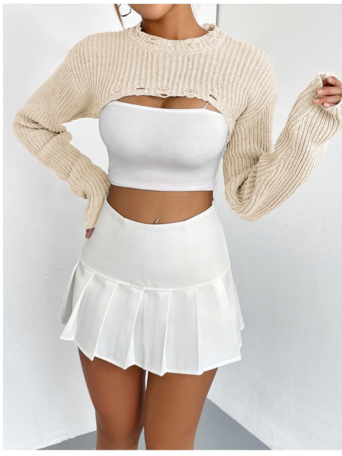 Distressed Long Sleeve Cropped Sweater - Zen Allure Beauty®️