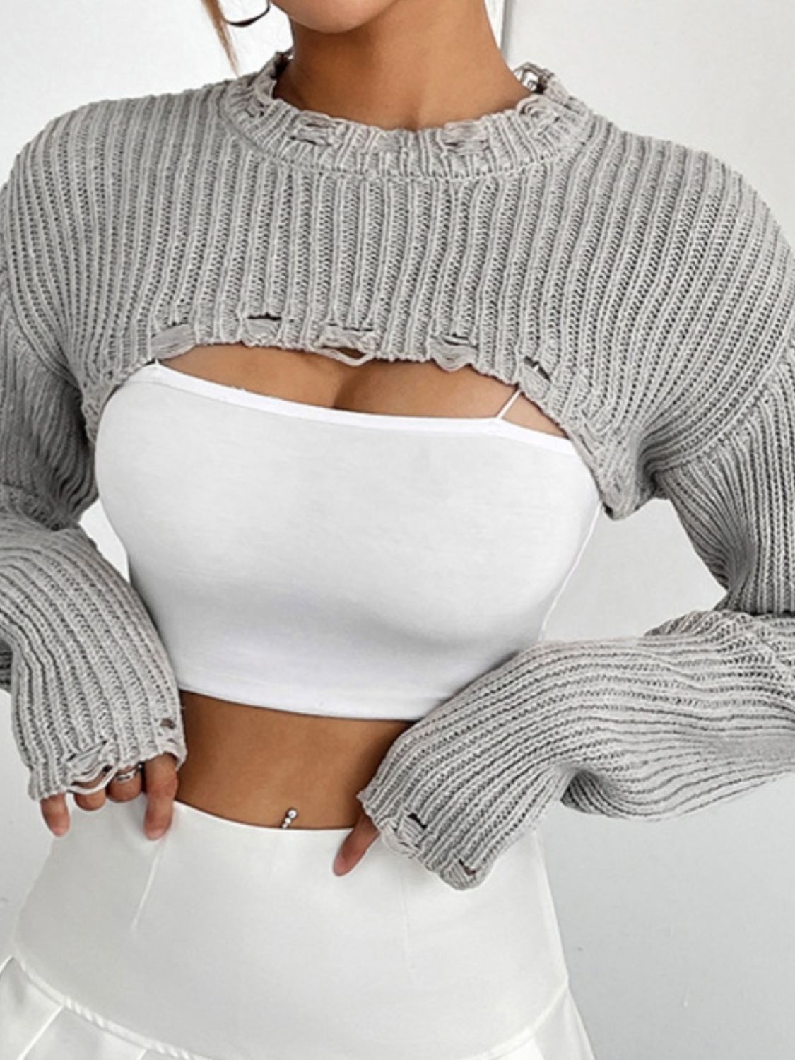 Distressed Long Sleeve Cropped Sweater - Zen Allure Beauty®️