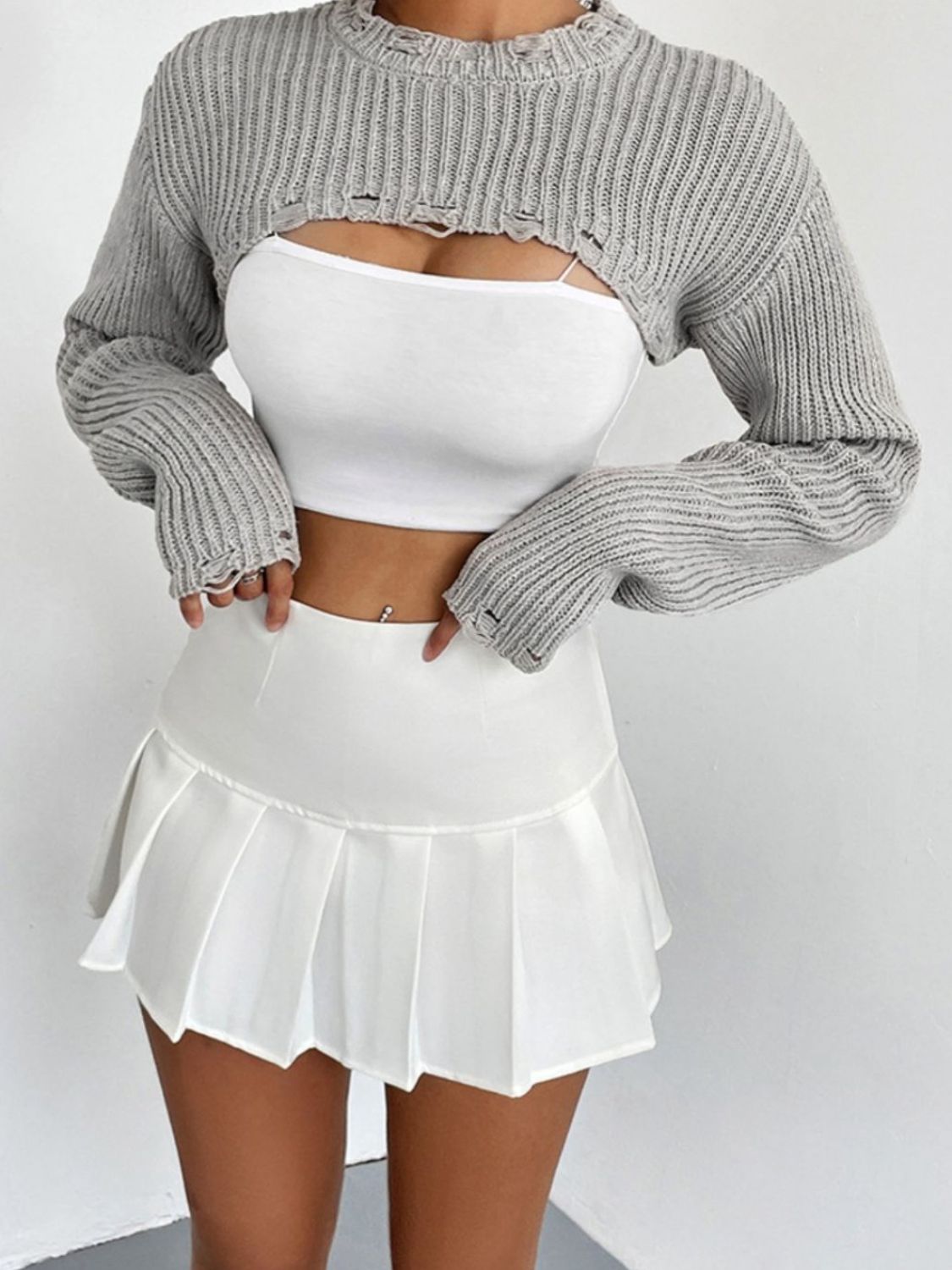 Distressed Long Sleeve Cropped Sweater - Zen Allure Beauty®️