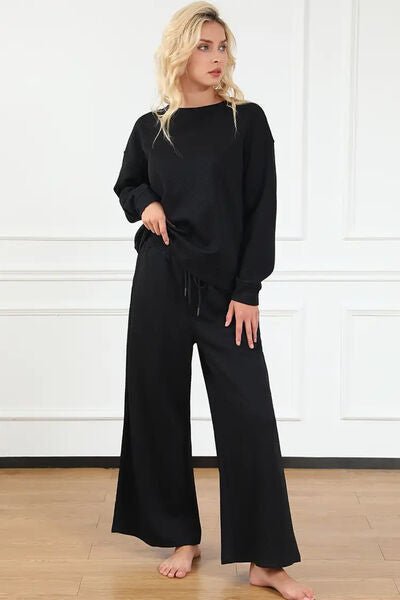 Double Take Full Size Textured Long Sleeve Top and Drawstring Pants Set - Zen Allure Beauty®️