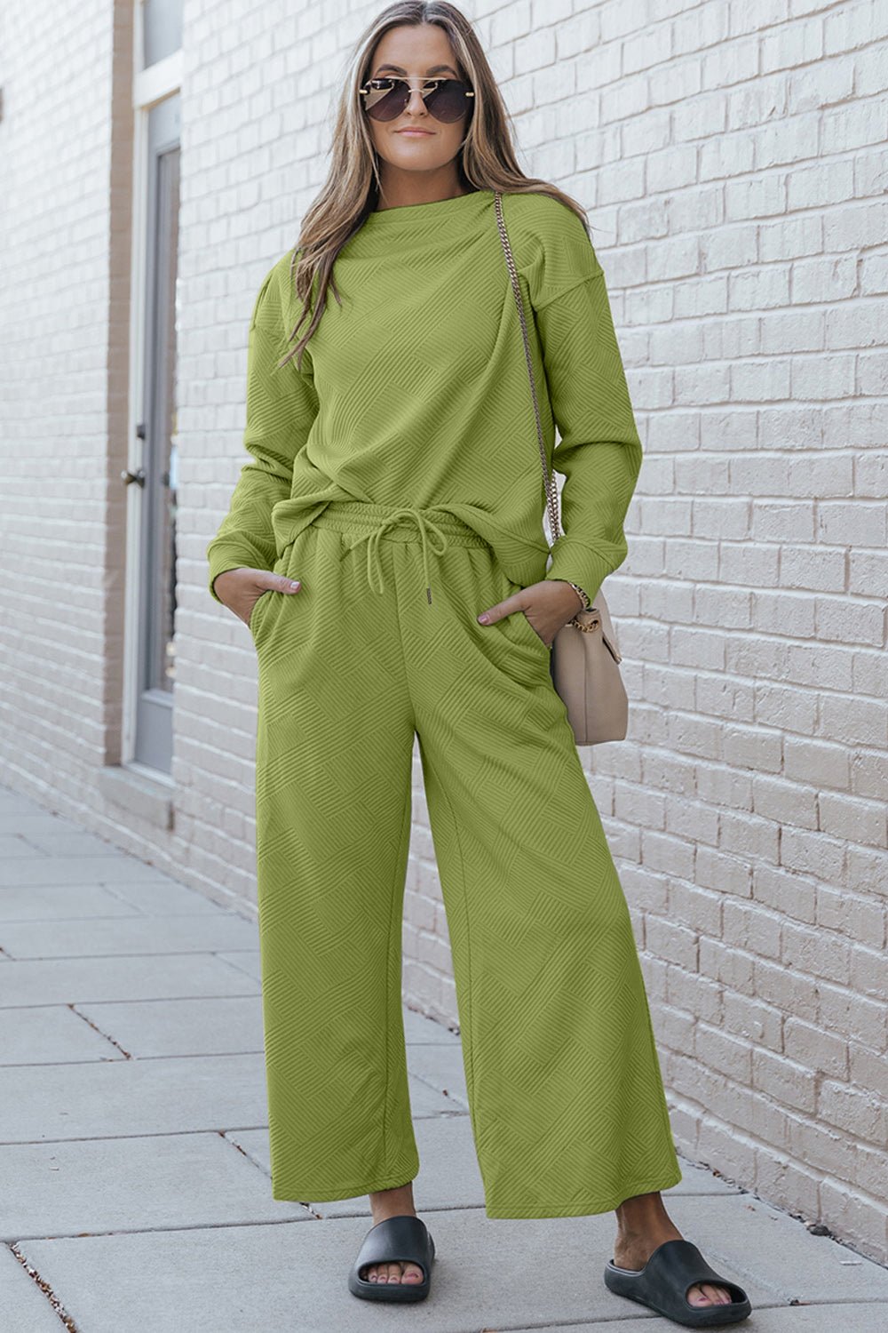 Double Take Full Size Textured Long Sleeve Top and Drawstring Pants Set - Zen Allure Beauty®️