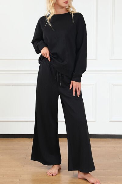 Double Take Full Size Textured Long Sleeve Top and Drawstring Pants Set - Zen Allure Beauty®️