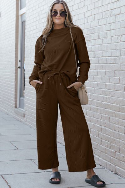 Double Take Full Size Textured Long Sleeve Top and Drawstring Pants Set - Zen Allure Beauty®️