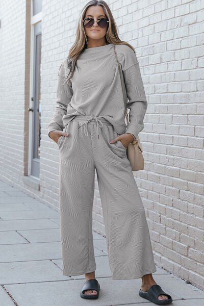 Double Take Full Size Textured Long Sleeve Top and Drawstring Pants Set - Zen Allure Beauty®️