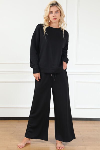 Double Take Full Size Textured Long Sleeve Top and Drawstring Pants Set - Zen Allure Beauty®️