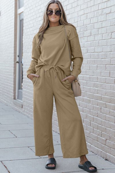 Double Take Full Size Textured Long Sleeve Top and Drawstring Pants Set - Zen Allure Beauty®️