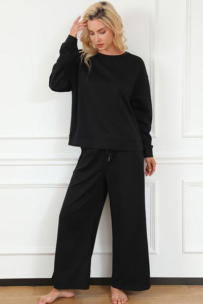 Double Take Full Size Textured Long Sleeve Top and Drawstring Pants Set - Zen Allure Beauty®️