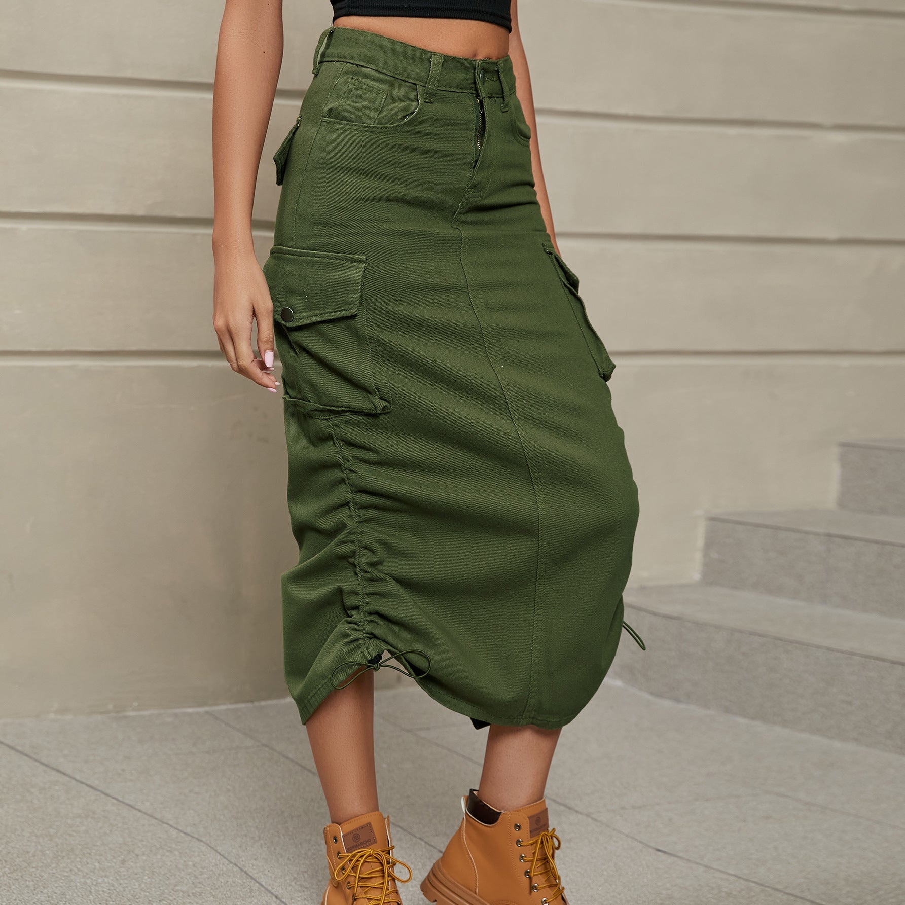 Drawstring Ruched Slit Denim Midi Skirt - Zen Allure Beauty®️