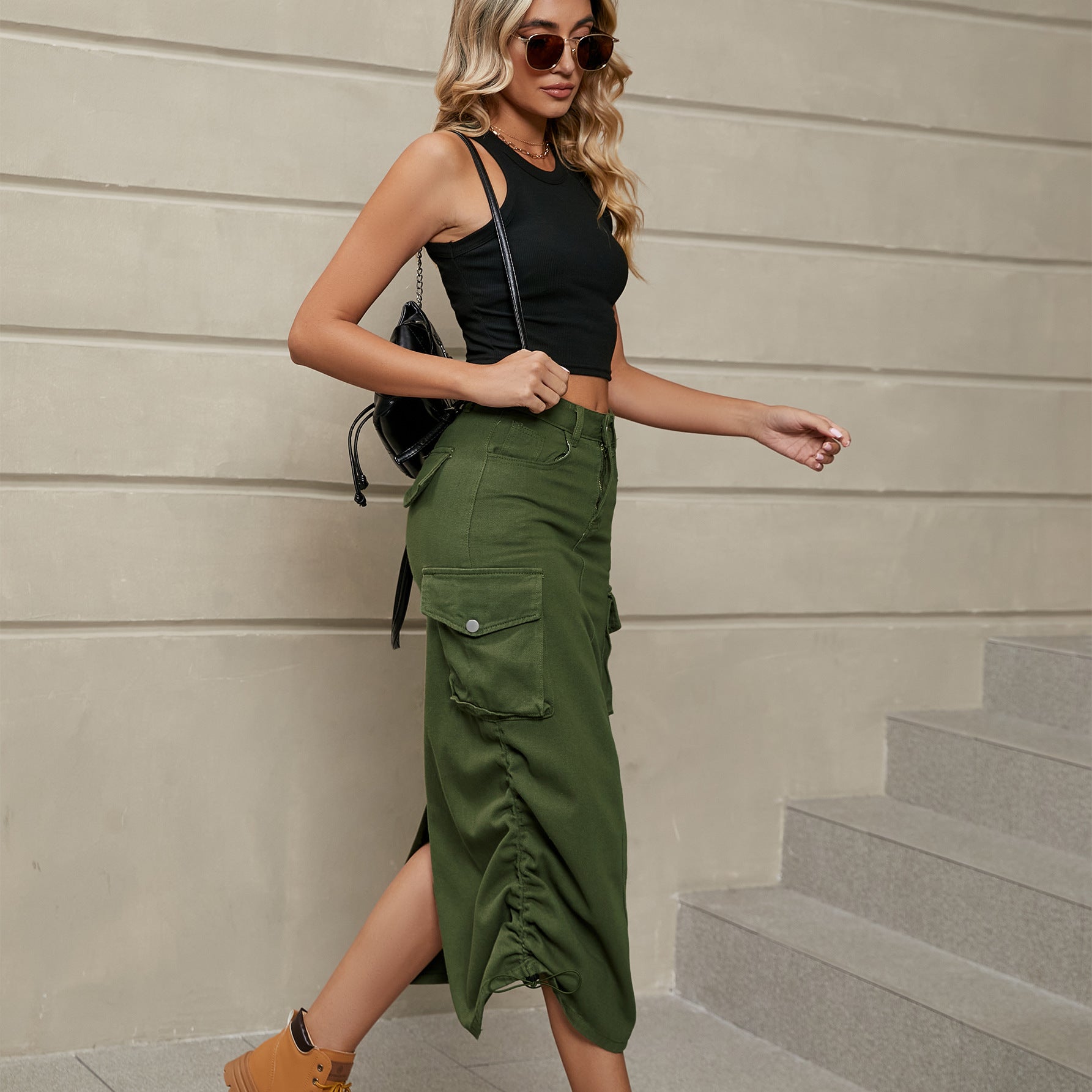 Drawstring Ruched Slit Denim Midi Skirt - Zen Allure Beauty®️