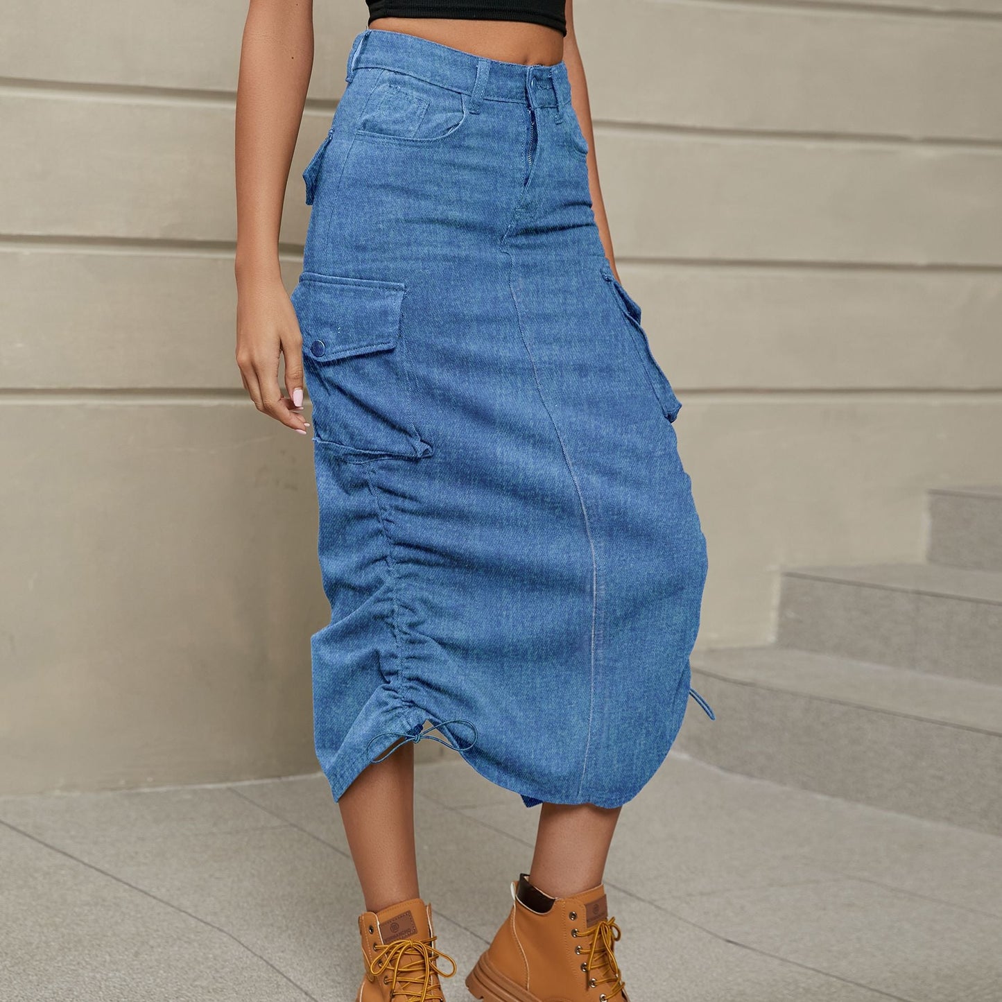 Drawstring Ruched Slit Denim Midi Skirt - Zen Allure Beauty®️