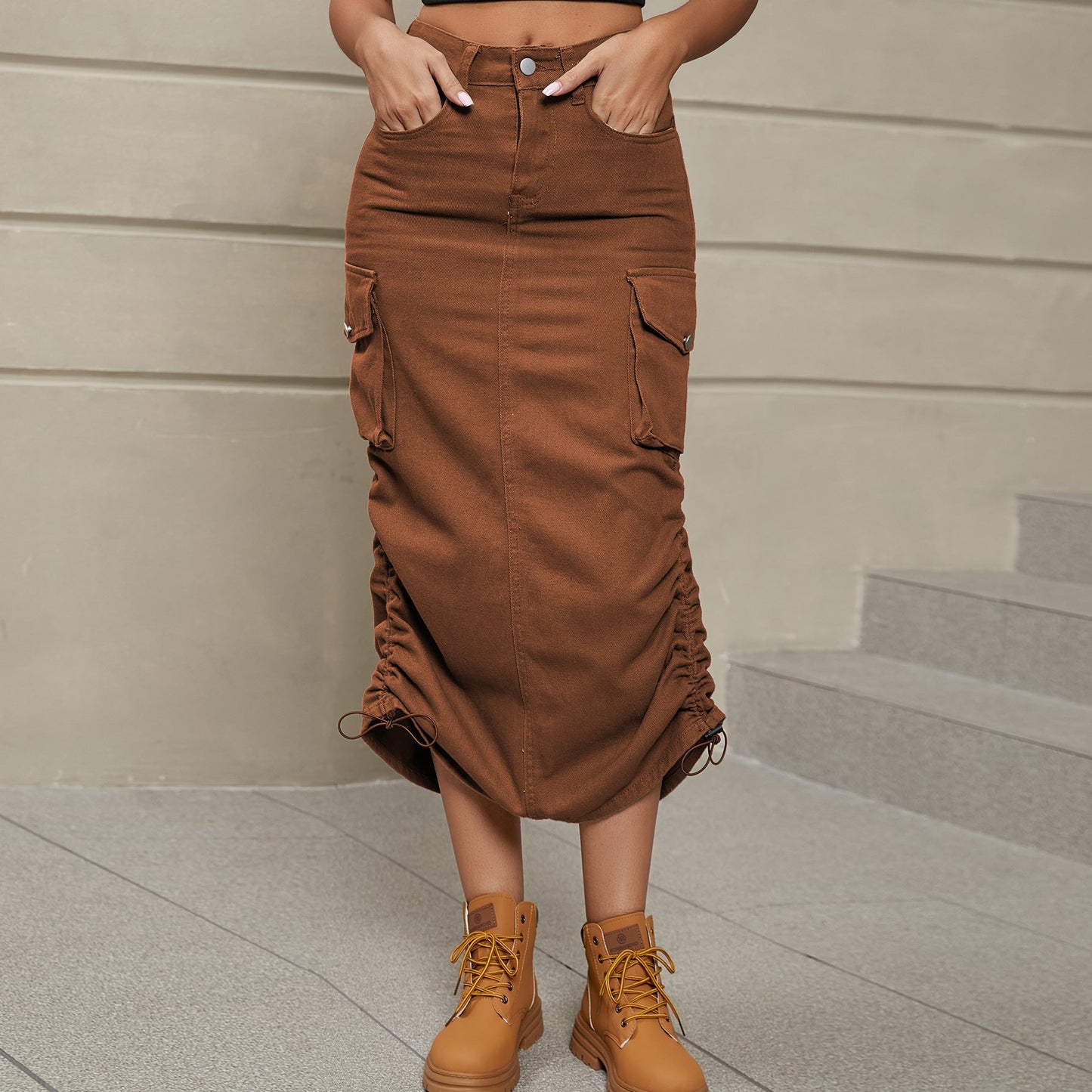 Drawstring Ruched Slit Denim Midi Skirt - Zen Allure Beauty®️