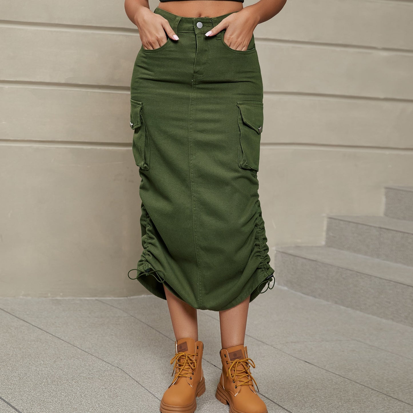 Drawstring Ruched Slit Denim Midi Skirt - Zen Allure Beauty®️