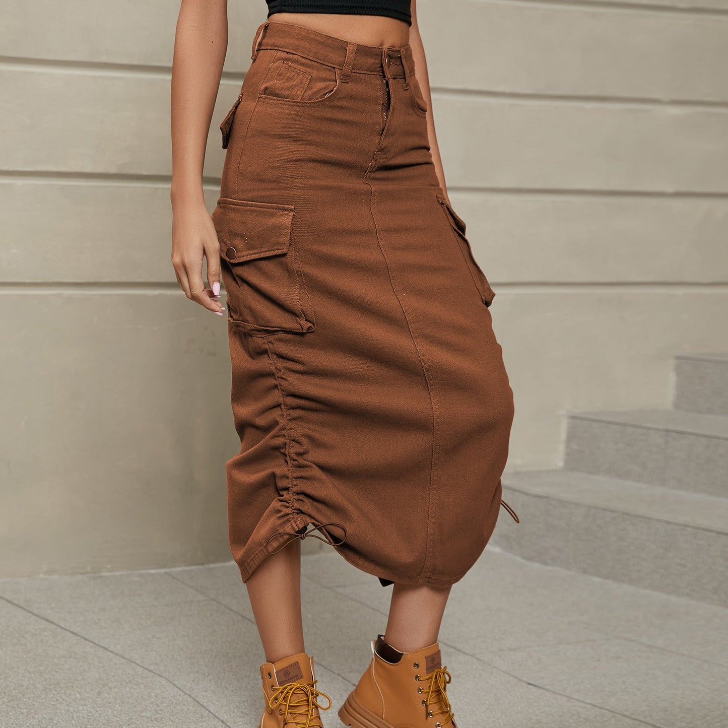 Drawstring Ruched Slit Denim Midi Skirt - Zen Allure Beauty®️