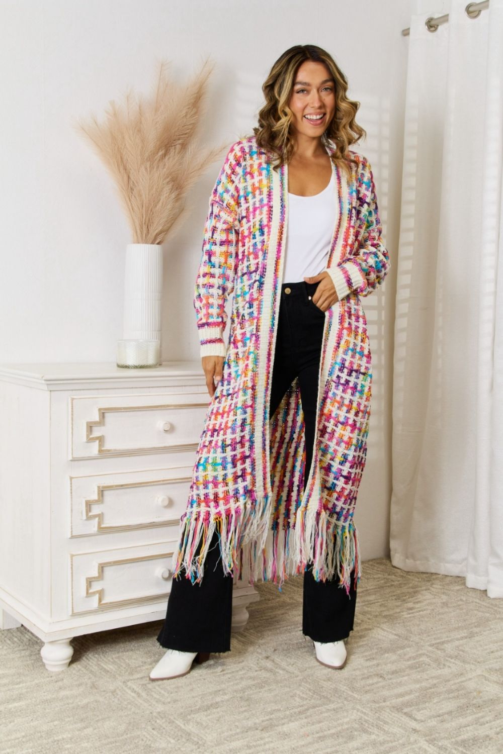 Multicolored Open Front Fringe Hem Cardigan - Zen Allure Beauty®️