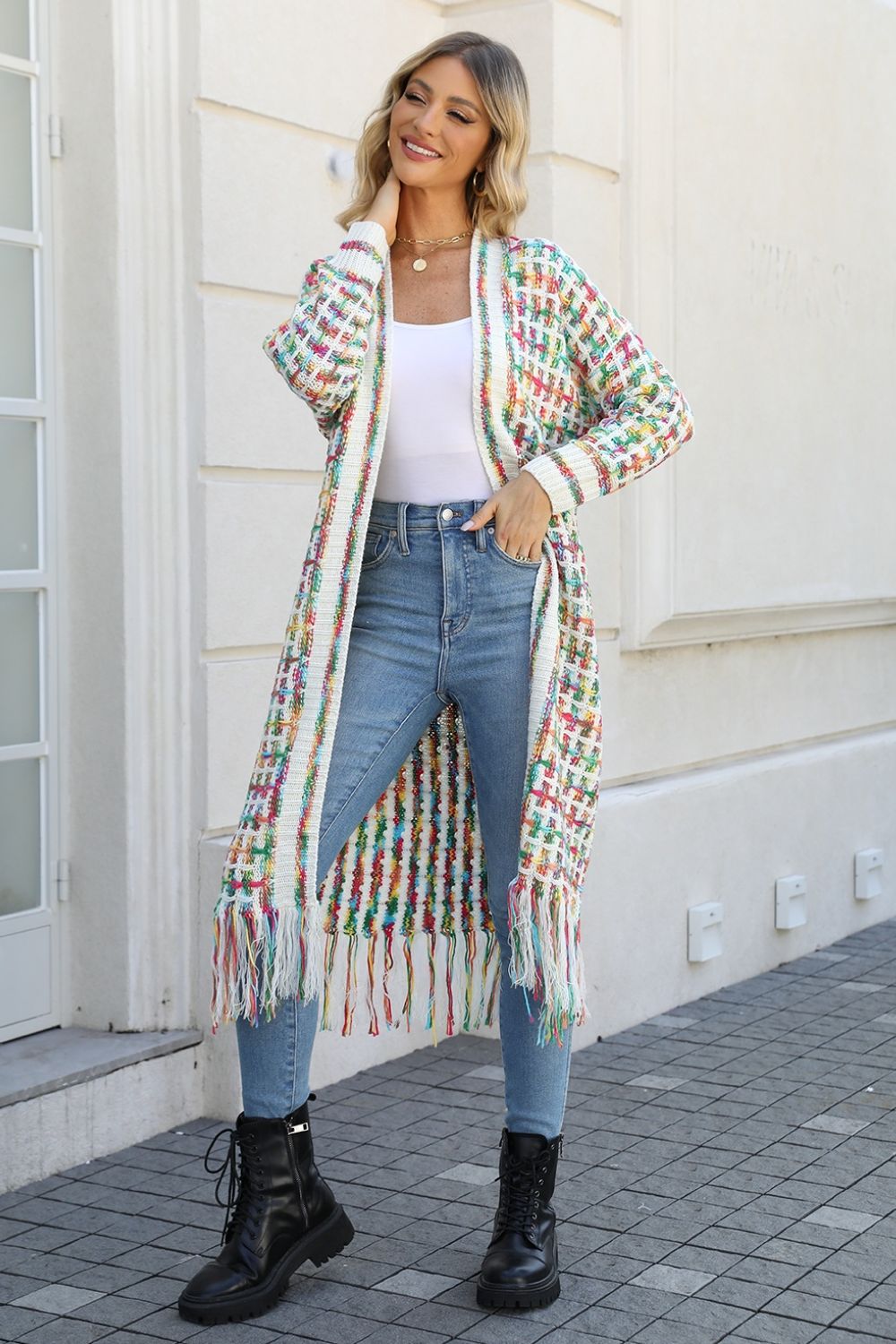 Multicolored Open Front Fringe Hem Cardigan - Zen Allure Beauty®️