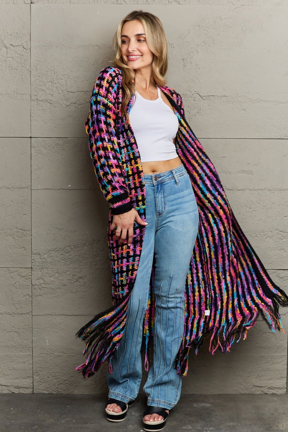 Multicolored Open Front Fringe Hem Cardigan - Zen Allure Beauty®️