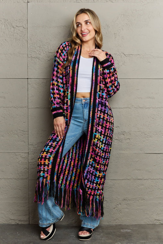 Multicolored Open Front Fringe Hem Cardigan - Zen Allure Beauty®️