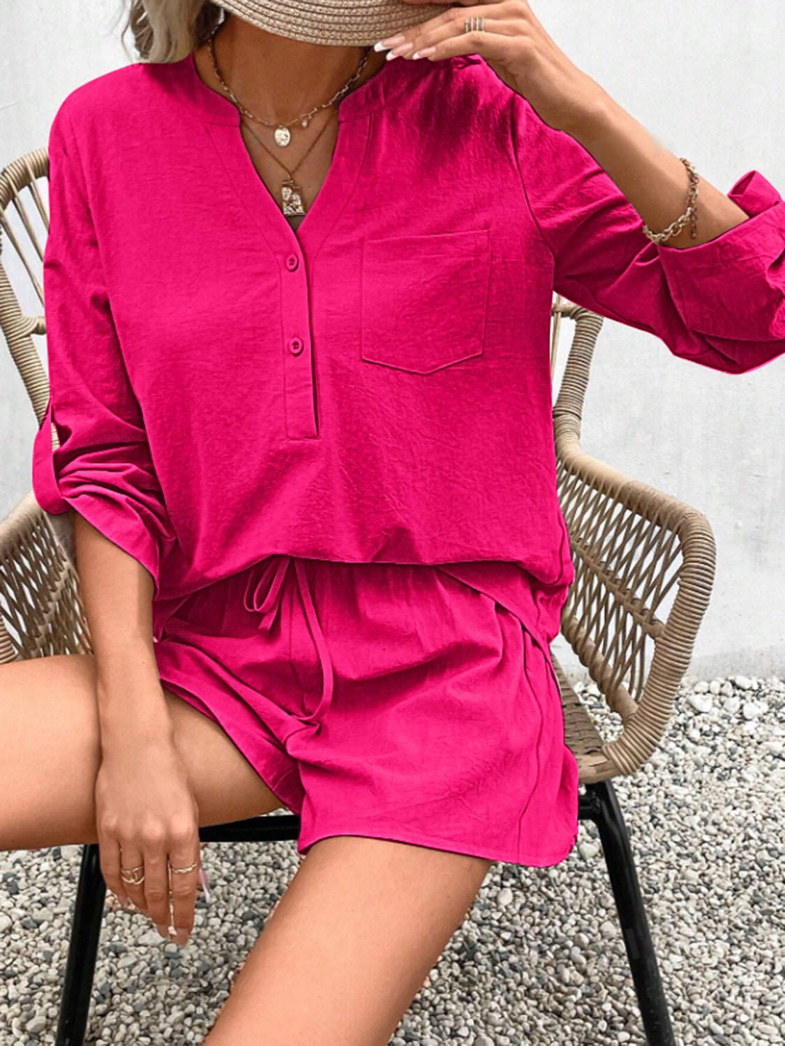 Notched Long Sleeve Top and Shorts Set - Zen Allure Beauty®️