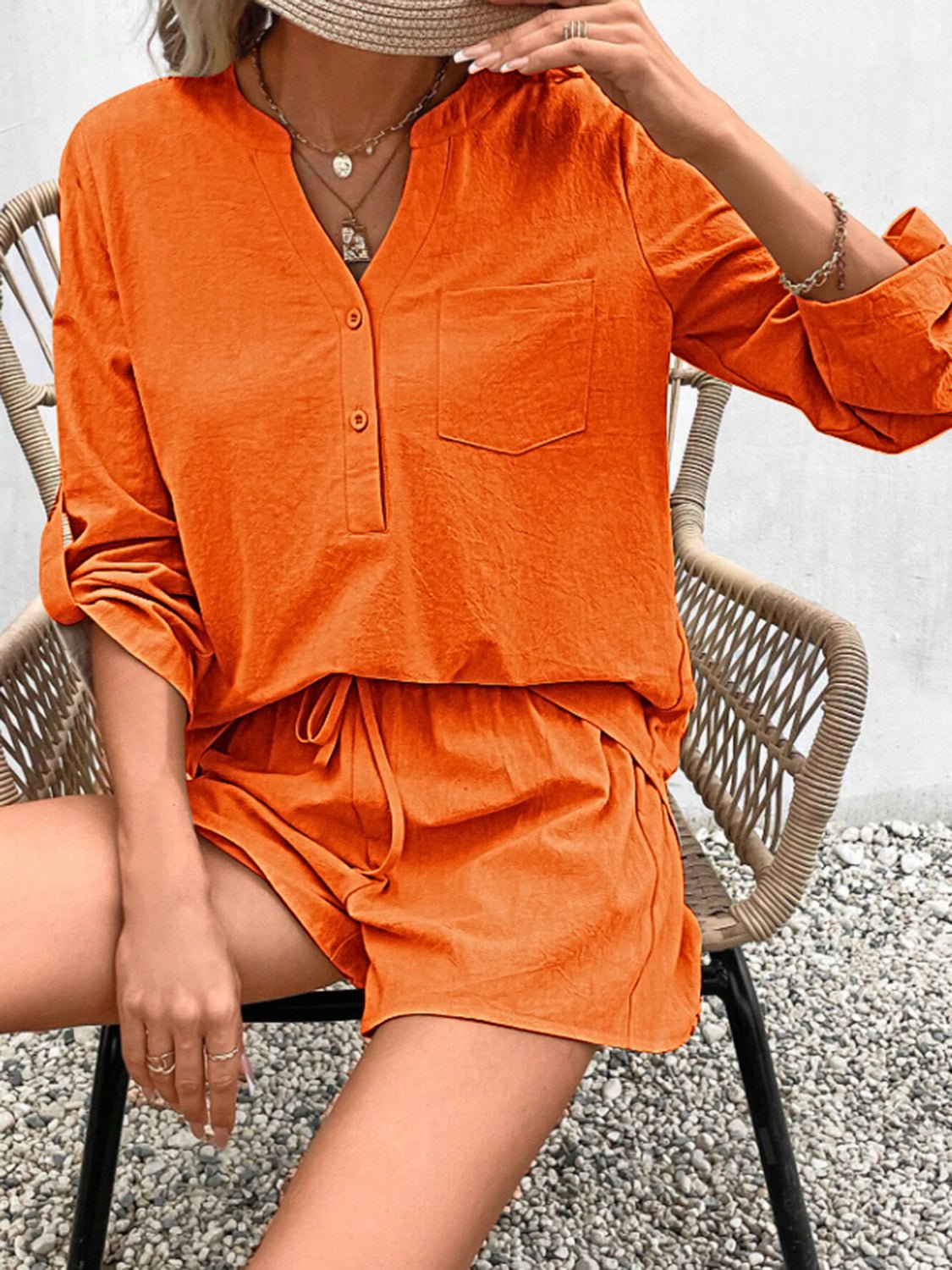 Notched Long Sleeve Top and Shorts Set - Zen Allure Beauty®️