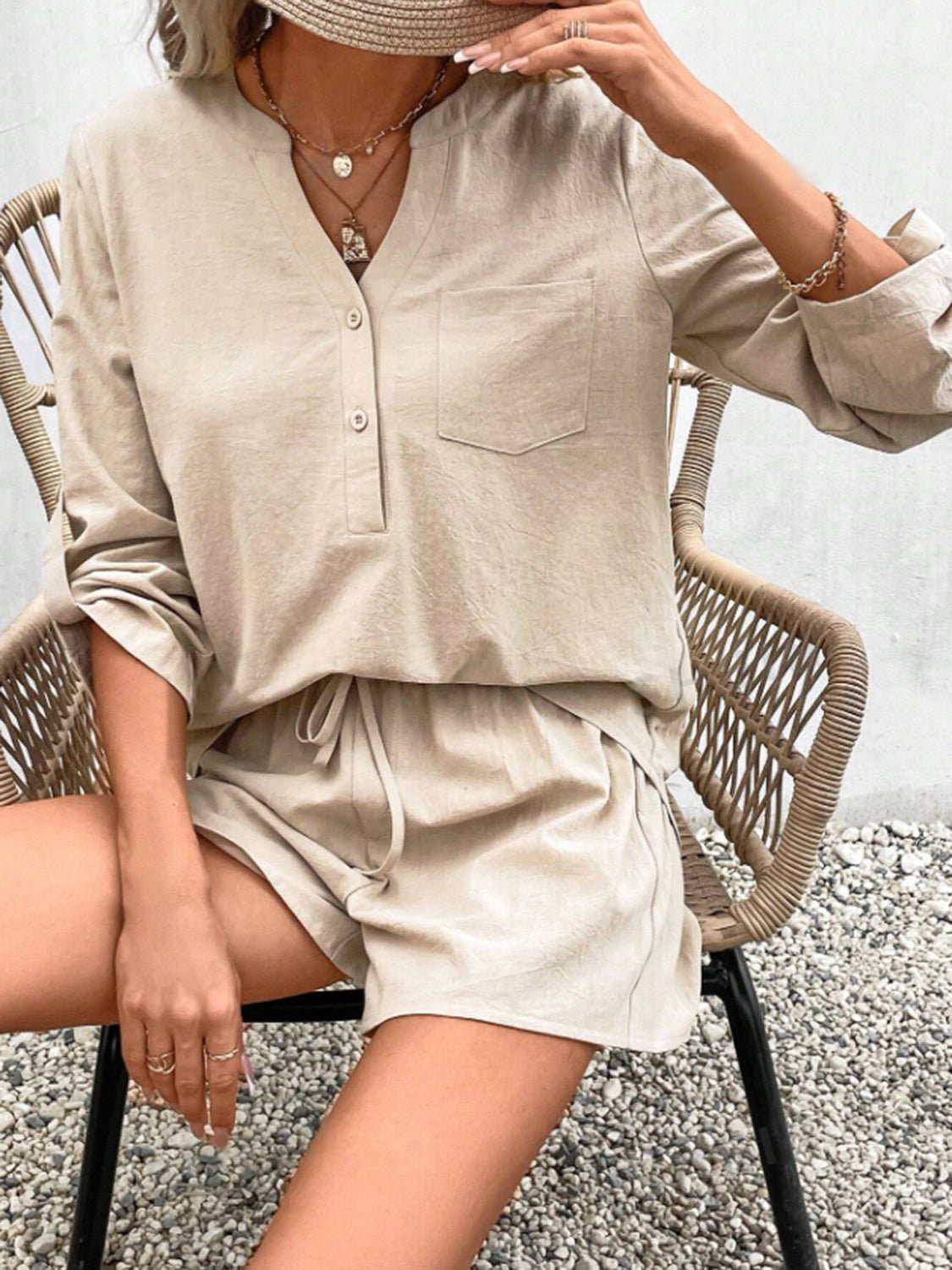 Notched Long Sleeve Top and Shorts Set - Zen Allure Beauty®️