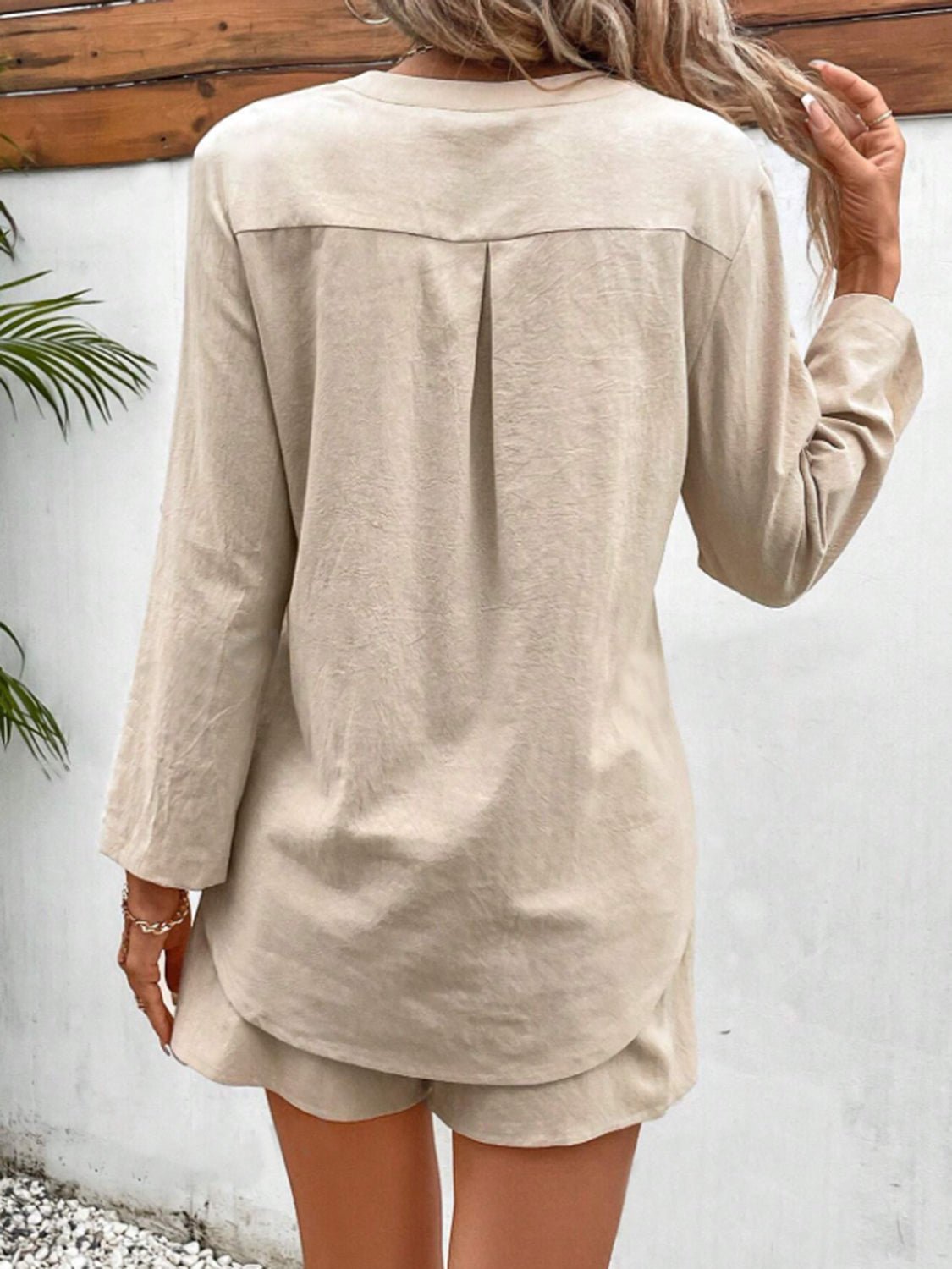 Notched Long Sleeve Top and Shorts Set - Zen Allure Beauty®️