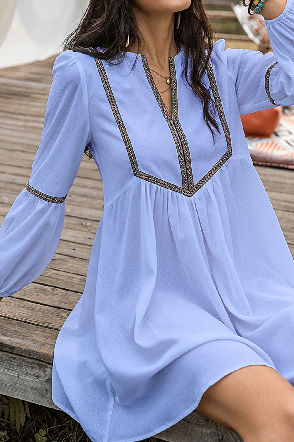 Notched Neck Long Sleeve Mini Dress - Zen Allure Beauty®️