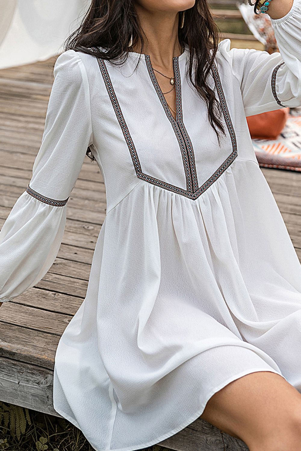 Notched Neck Long Sleeve Mini Dress - Zen Allure Beauty®️