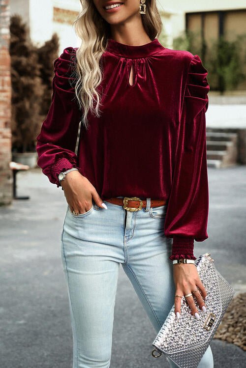 Tie Up Mock Neck Velvet Fabric Long Sleeve Blouse - Zen Allure Beauty®️