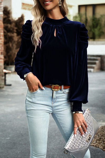 Tie Up Mock Neck Velvet Fabric Long Sleeve Blouse - Zen Allure Beauty®️